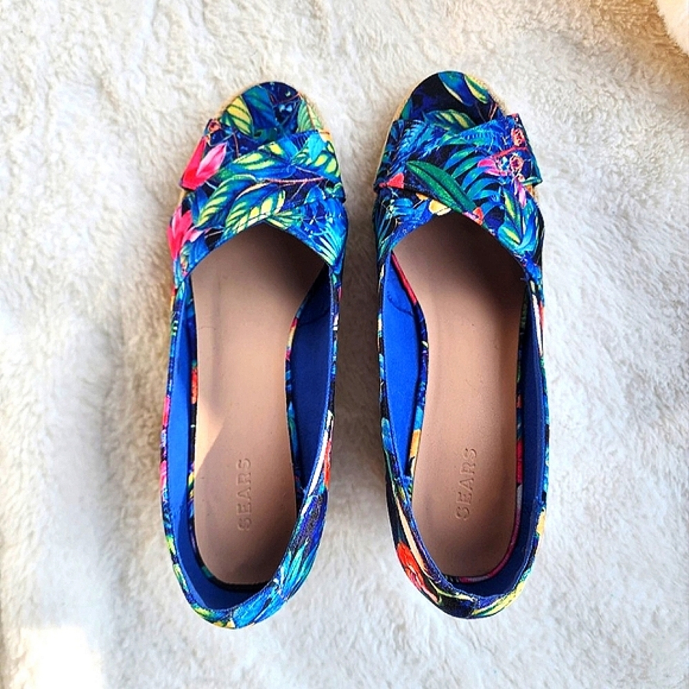 🪼EUC  TROPICAL PRINT ESPADRILLE PEEP TOE WEDGIES BY SEARS ~  SIZE 6